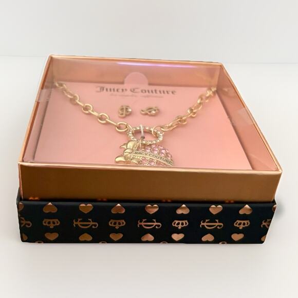 NEW JUICY COUTURE PINK Rhinestone Heart Bow Pendant GOLD Necklace Earring Set - Picture 9 of 16